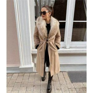 ZARA FAUX FUR COLLAR BELTED COAT TAN